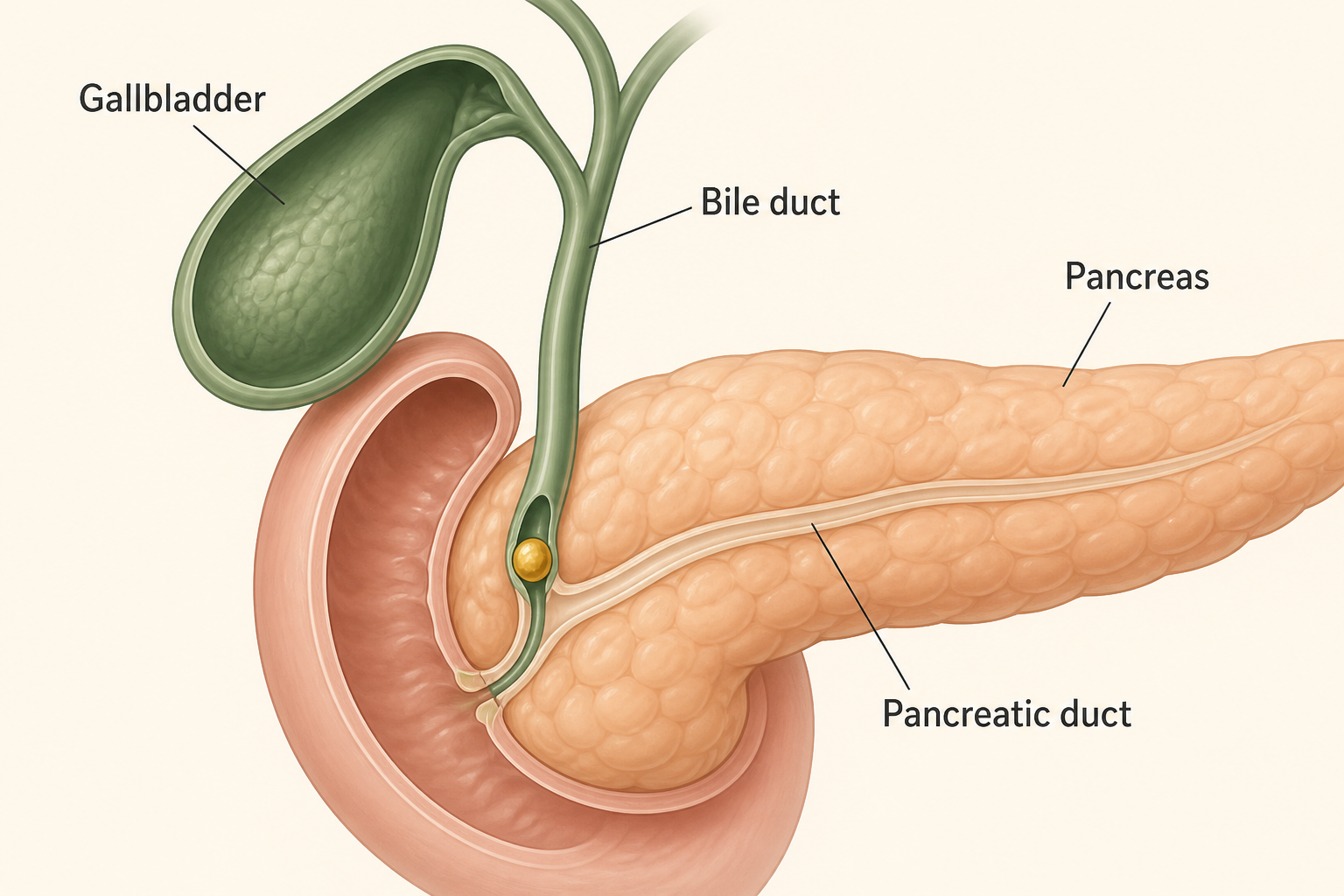 Illustration of a gallstone blocking the bile duct near the pancreas.