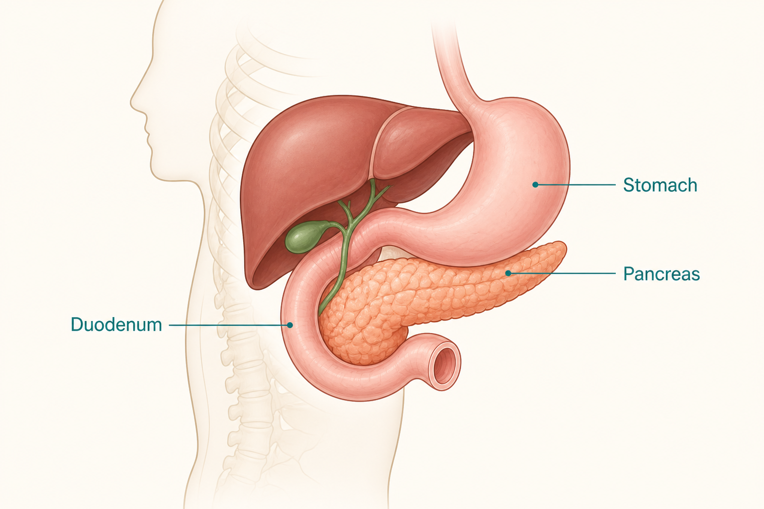 Illustration of the pancreas behind the stomach, next to the duodenum.